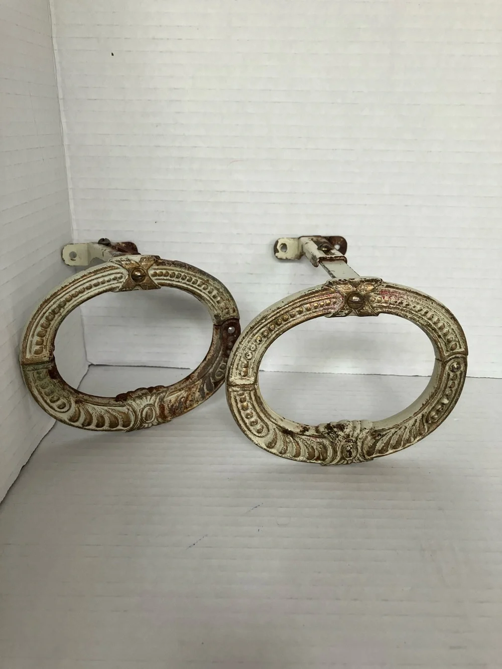 Antique Cream and Brown Oval Cast Iron Decorative Curtain Tiebacks Adjustable 5”